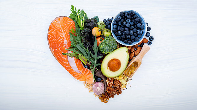 Healthy food displayed in the shape of a heart